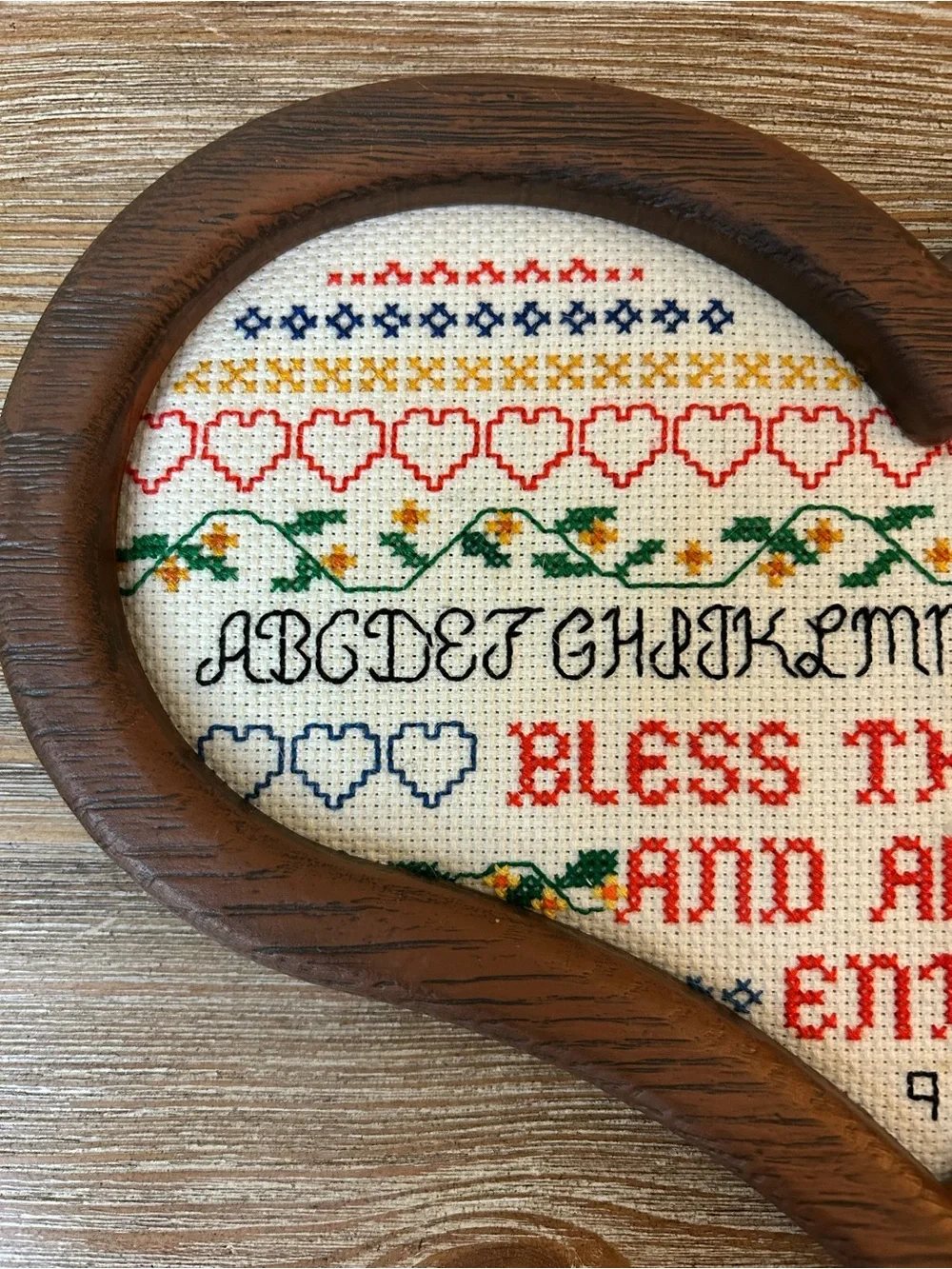 Vintage 90s - Bless This Shop and All Who Enter - Cross Stitch Heart Wood Frame